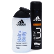 Набор Adidas: дезодорант аэрозоль "Action 3 Intensive", гель-шампунь для душа "Hair&Body Extra Fresh" парфюмерно-косметической компании Coty Товар сертифицирован инфо 5593w.